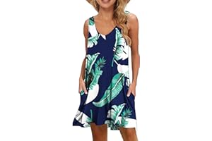 WNEEDU Vestidos Mujer Casual Playeros Verano Vestido Corto Sin Mangas Cuello en V con Bolsillos