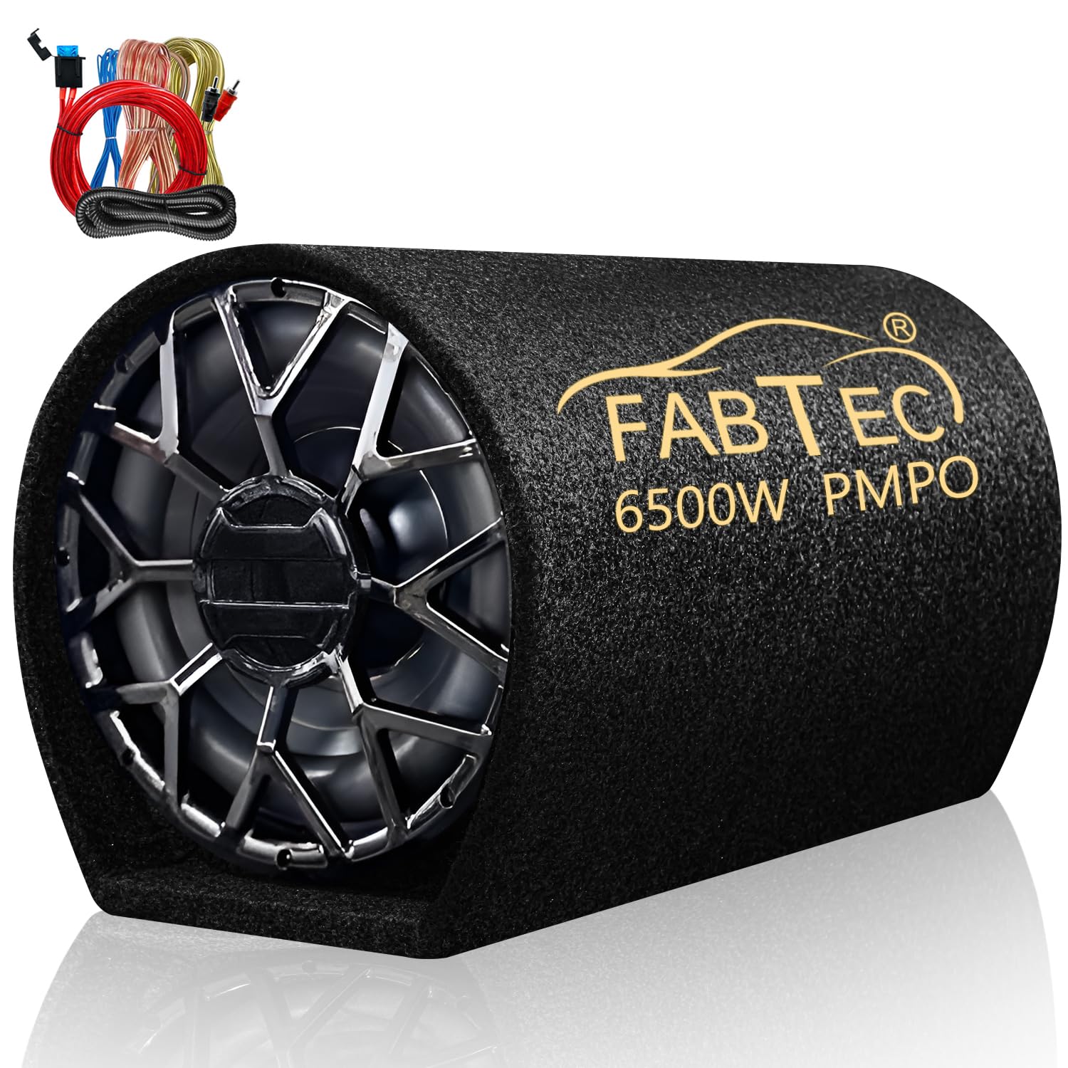 FABTEC 12 Inch High Power Active Super Car Bass Tube Subwoofer with Inbuilt Amplifier Powerful Audio and Deep Bass 6500W with Amplifier Wire Kit (Grey)