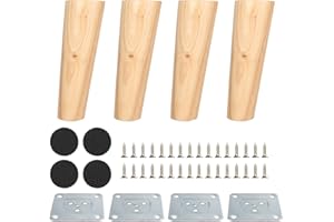 YOUNTHYE 4 drewniane nóżki meblowe 15 cm, skośne stożkowe nóżki meblowe, lite drewno, wymienne nogi stołu z dębu, nogi meblowe z płytami montażowymi, śrubami i filcowymi podkładkami, nóżki do szafy, na sofę,