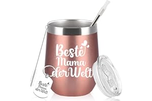 Diztoud Prezent dla mamy, prezent na Dzień Matki, prezent na Dzień Matki dla mamy, prezent na Boże Narodzenie, 350 ml, podwójne ścianki ze stali nierdzewnej, kubek do wina z pokrywką i słomką