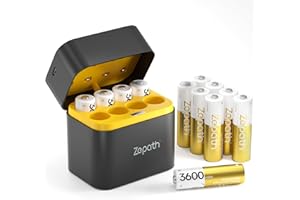 Zepath Akumulatory litowe AA 12 sztuk z ładowarką, 3600 mWh o dużej pojemności 1,5 V AA, długo utrzymujące się ładowalne baterie litowo-jonowe AA z wbudowanym pudełkiem do przechowywania