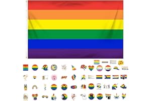 GoldRock LGBTQ Flagge Pride Flag Sticker Set, Regenbogen Flagge 150x90 cm+50 Stück LGBTQ Sticker, Progress Pride Flaggen, Lesbian Gay Flag,Regenbogenfahne, Regenbogenflagge mit 2 Messingösen