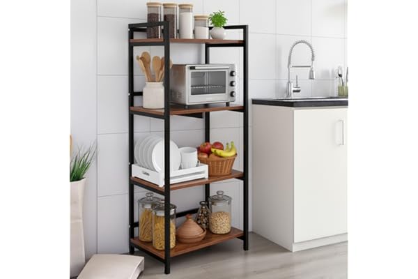 DIVYA 4-Layer Microwave Stand, OTG Stand, Microwave Oven Platform Rack, Kitchen Storage Shelf (Walnut Brown & Black Pipe,Alloy Steel Engineered Wood, Tiered Shelf) (Black) (MEDIEM)