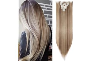 Silk-co Clip in Hair Extensions -Light Brown&Blond Long Straight Ombre Hairpiece 26inch Full Head 8 Pieces 18 Clips Extension