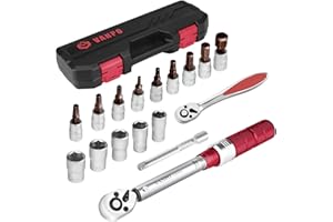 VANPO 1/4" Clé Dynamométrique de Torsion 5-25 Nm, Précision ± 3%, 17 Pièces Kit D'entretien pour Vélos Route Montagne avec Barre D'extension, Clé à Cliquet 1/4", Hex et Torx Bits, Douilles Allen