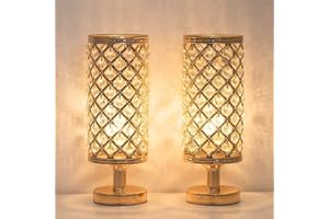 LIANTRAL Zestaw 2 lampek nocnych, kryształowa lampa stołowa z przezroczystymi kryształowymi koralikami, abażur i metalową podstawą, nowoczesna lampa biurkowa do sypialni, salonu, sypialni, złota