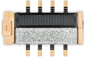 H.Koenig Appareil à Raclette 8 Personnes WOD360, fromage, Fondue, Pierre Granit et Bois Naturel, Socle Pivotant à 180°, Plaques Amovibles, Accessoires 8 Poêlons et 8 Spatules, 1400 W