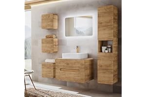 Lomadox Badezimmermöbel Set mit 80 cm Waschtisch & LED-Spiegel, Wotan Eiche Nb., Hochschrank, 3 Hängeschränke, B/H/T ca. 180/200/46 cm