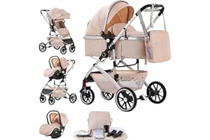 Lnhcrbs 3-in-1 Pushchair, Travel Pram Can Be Folded Quickly with One Click, Portrait Pram Set with Enlarged Sleeping Basket (38.5 cm), Convertible Pushchair and Buggy (Beige)