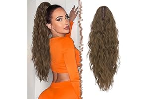FESHFEN Coleta Postiza Pelo Natural con Pinza Cola Postiza Largo Ondulado Rizado Marrón Musgo Sintética Extensiones Coleta Postizos para Mujeres, 65 cm