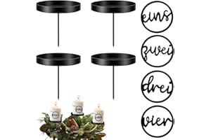 PAPU 4er Metall Adventskranz Kerzenhalter Set - 8cm Schwarz Kerzenteller Adventskranz & Holz Adventszahlen 1-4,Kerzenpick Candle Holder für Stumpenkerzen Kerzen Weihnachten Deko Stabkerzenhalter Tischdeko