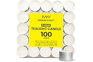 Zuvo [ 100 Pack] Tea Light Candles 8 Hour Burn Time White Unscented 3.8Cm x 2.3 cm 23 g (100 Pack), 90129c