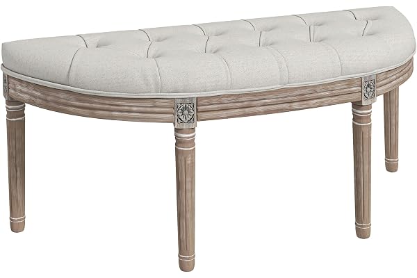 HOMCOM Sängsäng, halvmåneformad entrébänk, Louis XVI-stil, skulpterad massiv trästruktur, patinerad, linneutseende, krämfärgad