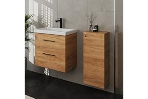 ‎PLANETMÖBEL Planetmöbel Badmöbel Set Waschtisch mit Unterschrank 63 x 60 x 36,5 cm, inkl. Midischrank, moderner Waschbeckenunterschrank für Badezimmer, Gäste Bad & WC, Gold Eiche