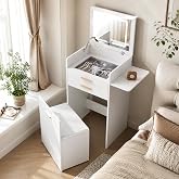 WOLTU Small Dressing Table with Folding Mirror, LED Light, Wheelchair | Makeup Dressing Table, Glass Countertop, Drawers with
