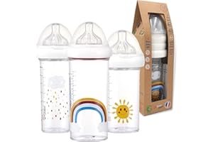 Le Biberon Français - Lot de 3 Biberons Anti-Colique Premium - Biberon 360ml, 210ml à Col Large - Tétines Silicone 3 Débits, 0-6 Mois et Plus - Allaitement Mixte Nouveau né Fille - BPA BPS BPF Free