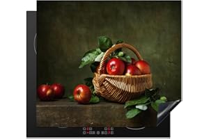 KitchenYeah© Cubre Vitrocerámica - Protector Vitroceramica Induccion 60x52 cm - Tapa Vitroceramica - Protector de Vitroceramica Rústico - Manzana - Fruta - Rojo - Cesta - Bodegón
