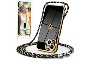 Togestar Handykette Hülle für iPhone 14 Handyhülle mit Band und Schutzfolie, Kameraschutz Herz Love Design 360 Grad Stoßfeste Schutzhülle Silikon TPU mit Kordel zum Umhängen, Schwarz