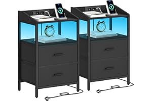 ‎HZUANERI Hzuaneri Nachttisch 2er Set, mit LED-Leuchten und Ladestation, Beistelltisch mit 2 Stoff-Schubladen und Regalen, mit USB-Anschlüssen & Steckdosen, für Schlafzimmer, Wohnzimmer, Schwarz NS36204B