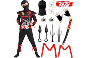 BIQIQI Ninja Costume Bambini, 18Pcs Set di Ninja Costume per Bambini con Accessori Ninja in Plastica e Schiuma, Costume Muscolare Ninja per Carnevale, Halloween e Cosplay