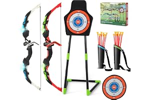 COSTWAY 2 Pack Bow and Arrow Set for Kids, LED Light Up Archery Toy Set with 20 Suction Arrows, 2 Quivers & Detachable Standi