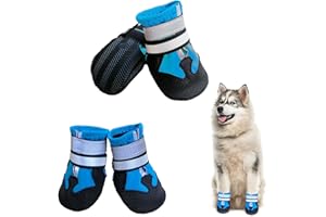 NeuWook Scarpe per Cani, Set di 4 Stivali per Cani Impermeabile con Cinturini Riflettenti, Scarpe Cane con Cinturini Riflettenti e Suola Antiscivolo per Protezione Le Zampe per Cani (L, Blu)