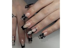 RUBYTINT 24pcs Long Square Press On Nails – Black Handmade False Nails with French Tip & 3D Gradient Design – Durable Acrylic with Tools Gothic Style for Party