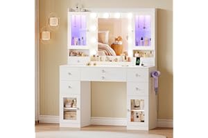 Dripex Schminktisch mit 10 LED-Lichtkugeln und Steckdosen, Schminktisch mit Spiegel und 2 luxuriösen transparenten Vitrinen mit RGB, Vanity Desk Dressing Table fürs Schlafzimmer, weiß
