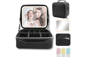 AMLOPE Maletín Maquillaje con LED Espejo Estuche Cosmético de Viaje con 3 Luces de Relleno de Color Organizador Cosmético Profesional Bolsa de Maquillaje Portátil con Compartimento Extraíble (Negro)