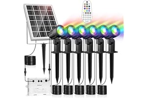 MEIHUA Foco Solar Jardín RGB con Control Remoto 10 Colores 30 Modos Luces Solares Led Exterior IP66 Impermeable 2 Brillo Temporización Lampara Solar para Patio Camino Terraza Halloween Navidad