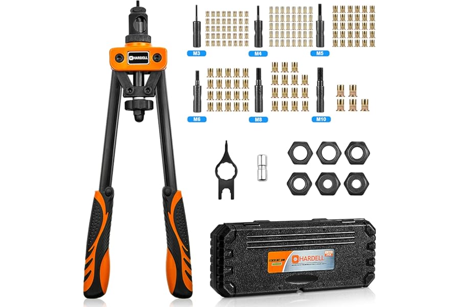 HARDELL Rivet Tool Kits, Rivet Nut Pliers Set, 14" Heavy Duty Hand Rivnut Gun with 150 Rivet Nuts and M3 M4 M5 M6 M8 M10 6 Metric Mandrels，Heat-treated Alloy Steel better for Thick Sheet Steel