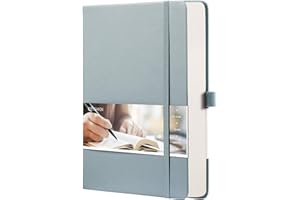 EMSHOI A5 Notebook Dotted Journal 21.4 x 14.5 cm, 256 Pages, 120gsm Thick Paper, 8 Perforated Sheets, Pen Holder, Back Pocket, Hardback Faux Leather Notepad for Bullet Journaling, GrayBlue