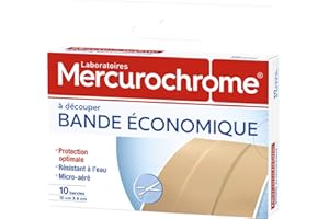 MERCUROCHROME - Bande Economique - Facile à découper - Résistant à l'eau et micro aéré - A découper à la taille souhaitée pour couvrir différentes tailles de plaies - 10 Unités