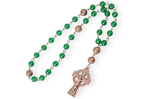 Nazareth Store Anglican Rosary Necklace with Green Jade Stone Beads Antique Copper Celtic Cross