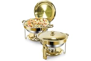 WENMILY Rund Chafing Dish Buffet Set 5L[Robust und hochwertig],2pcs Edelstahl Warmhaltebehälter [Elegante Gold und Silberfarben] Speisenwärmer für Catering Buffet und Party(Rollrand-Design)