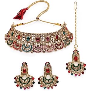 Sukkhi Graceful Curve Shaped Gold Plated AD Stones Choker Necklace Set With Earring And Maangtika | Jewellery Set For Women