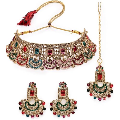 Sukkhi Graceful Curve Shaped Gold Plated AD Stones Choker Necklace Set With Earring And Maangtika | Jewellery Set For Women