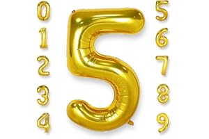 AULE Luftballon Zahl 5 Gold: XXL 101 cm Folienballon Geburtstag Gold 5 Jahre Zahlen 40 Zoll Helium Ballon Kinder Junge Mädchen Zahlenballon für Babyparty Jubiläum Deko