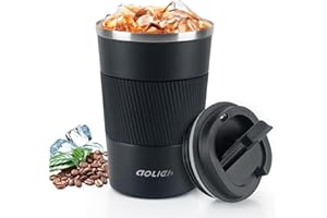 Aolieh Kubek termiczny, kubek do kawy, kubek termiczny z szczelną pokrywką, kubek termiczny, ze stali nierdzewnej, kubek do kawy na wynos, do gorącej i zimnej wody (380 ml, czarny)