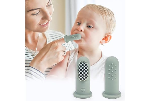 R for Rabbit Tiny Smiles Gummy Finger Toothbrush for Babies BPA-Free Silicone 2 in 1 Brush & Tongue Cleaner with Storage Case Oral Care for 0+ Months Safe & Travel-Friendly (Olive Green)