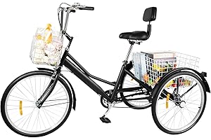 ARBGO 24 Zoll Dreirad für Erwachsene, 3-Rad-Cruiser-Fahrrad mit Rückenlehne, Dreirad-Fahrrad for Erwachsene, 7 Gang Fahrrad 3 Räder, Dreiräder Ausgestattet mit Korb, Schwarz ﻿