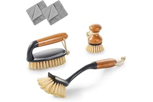 MASTERTOP Dish Brush, Scrubbing Brush with Bamboo Handle, 3pcs Washing Up Brushes for Kitchen, Pans, Pots, Plates and Indoor Outdoor Cleaning - Send 2 Microfibre Cloths