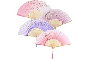 YIAJIA 4 Pcs Hand Fan,Fabric Hand Fan Folding,Chines/Spanish Handheld Fan Folding With a Tassel Grade A Bamboo Ribs for Women Girls Dancing Props Summer Party Event Home Decorations Wedding Souvenir Gifts