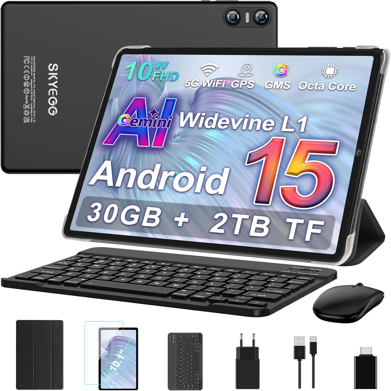 SKYEGG Tablet 10 Pulgadas Android 15 con Gemini AI, 30 GB RAM + Ampliable 2 TB ROM, Octa-Core, Widevine L1, WiFi 5G, Cámara 8 MP + 5 MP, Batería 6000 mAh, con Teclado, Ratón y Funda – Negro Grafito