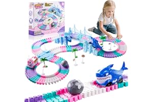 FORESTDREAM DIY Einhorn Rennbahn Spielzeug 194 Stück – Flexibles Auto Rennstrecke Set mit Hai & Ball – Geschenk für Jungen & Mädchen ab 3 4 5 6 7 9 Jahren, Einhorn Spielzeug für Kinder