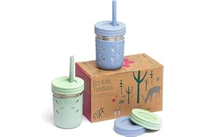 Elk and Friends 10oz Stainless Steel Kids + Toddler Drinking Cups | The Original Mason Jars with Lids + Sleeves + Straws | Smoothie Cups | Spill Resistant | Dishwasher Safe | 2 Pack