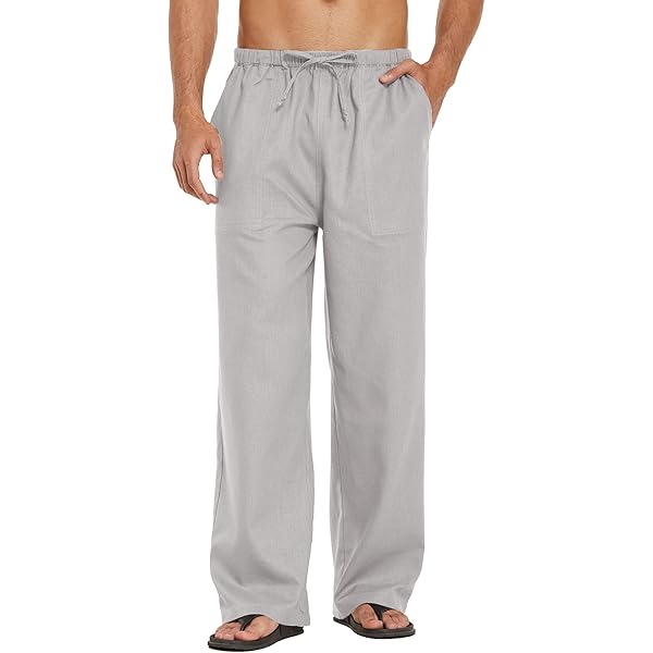 Runcati Linnen broek voor heren, effen, lang, licht, losse pasvorm, met trekkoord, voor vakantie, strand, dagelijks gebruik, Groen, M