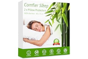 COMFIER SLEEP Wygodne do spania wodoodporne ochraniacze na poduszkę 48 x 74 cm z zamkiem błyskawicznym antyalergiczna potrójna warstwa super miękka i 100% bambusowa Opakowanie 2 standardowy rozmiar 48 x 74 cm nadaje się do standardowych poduszek