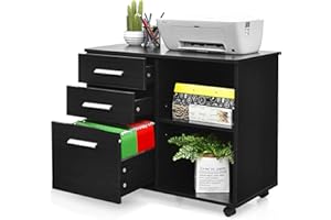 COSTWAY Kontener na kółkach z 3 szufladami, mobilna szafka na dokumenty z kółkami, szafka biurowa, stojak na drukarkę z otwartymi półkami, wielofunkcyjna szafka do przechowywania do biura, domu