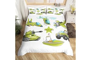 LOUSSIESD Zestaw pościeli samolotu kreskówka zielone pojazdy wojskowe poszewka na kołdrę dla dzieci dzieci nastolatków czołg i myśliwiec odrzutowiec poszewka na kołdrę retro łódź samolot pościel i len wojskowa